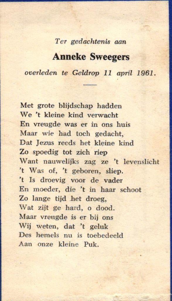 Sweegers Anneke 1961 Geldrop, Ophalen of Verzenden