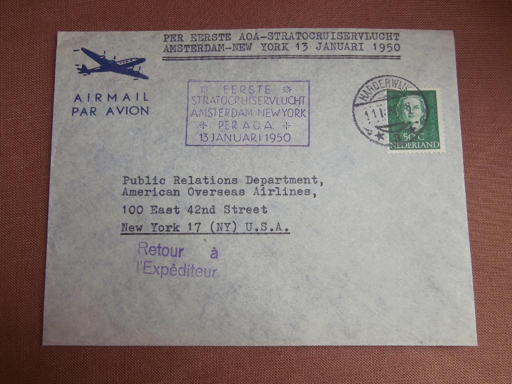 NL 1950; Env. 1e VLUCHT AMSTERDAM-NEW YORK 2 FOTO'S LEES !, Verzenden, Envelop