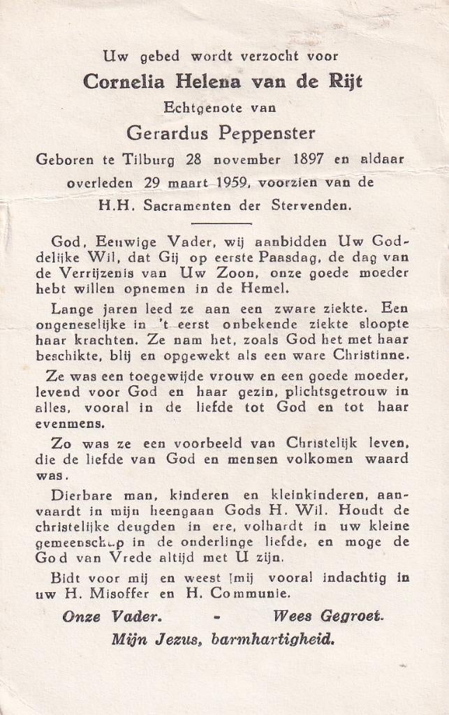 Rijt Cornelia 1897 Tilburg 1959, Ophalen of Verzenden, Bidprentje