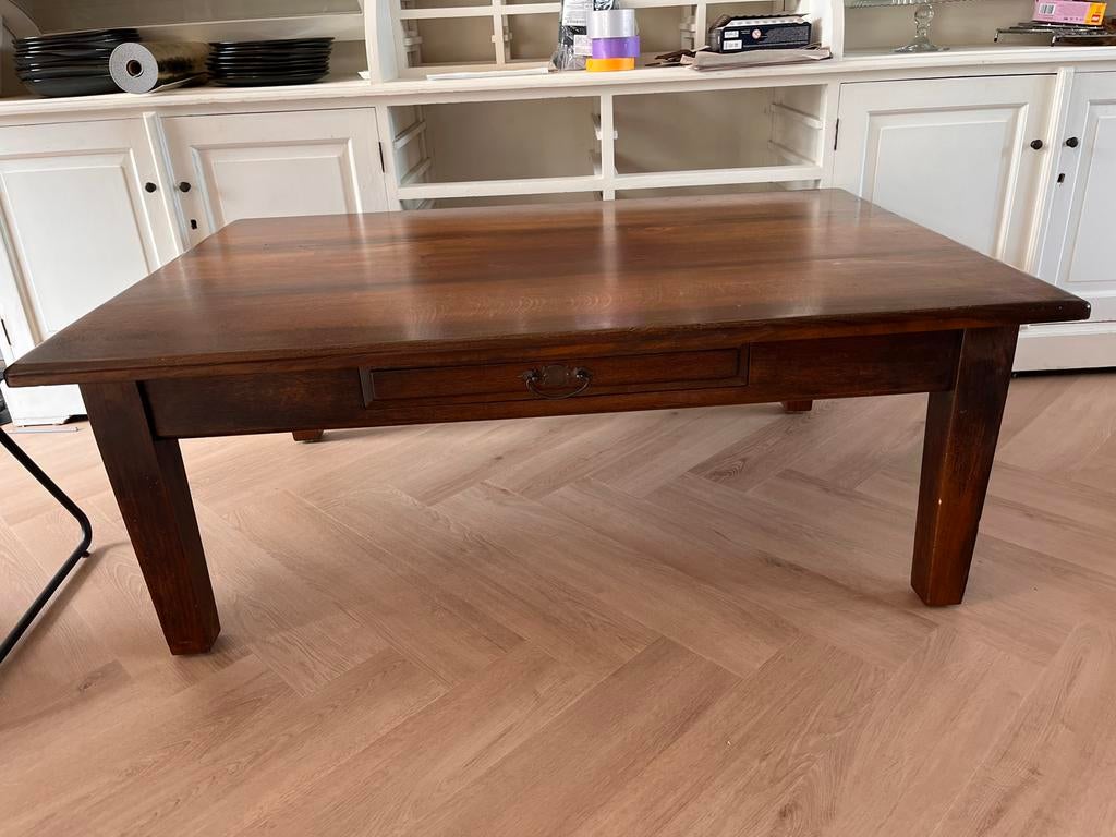 MOET WEG Massief houten salontafel met lade, Huis en Inrichting, Tafels | Salontafels, Ophalen, Gebruikt, 100 tot 150 cm, Eikenhout