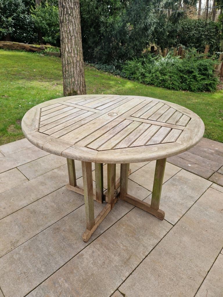Teak houten tuintafel, inklapbaar, nette staat, Ophalen of Verzenden, Gebruikt, Rond, Teakhout