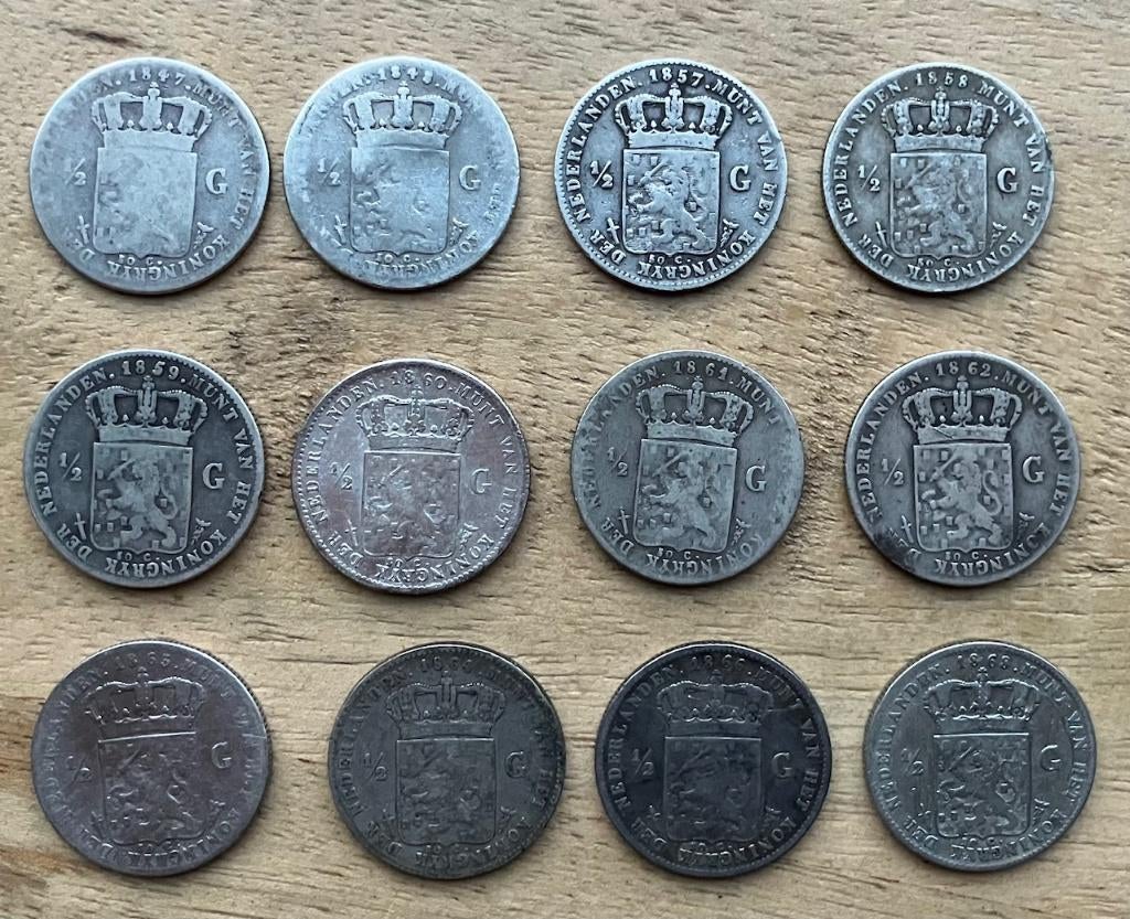 setje halve gulden Willem II en Willem III, Postzegels en Munten, Munten | Nederland, Ophalen, ½ gulden, Koning Willem III, Setje