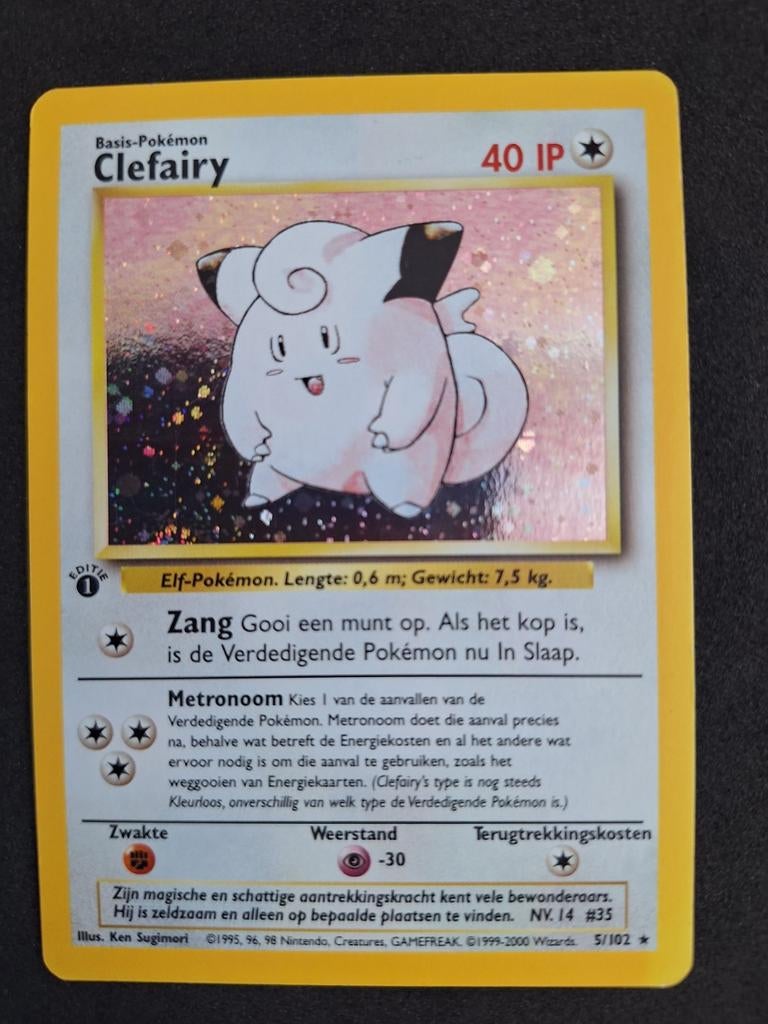 Clefairy base set 1st edition Nederlands, Ophalen of Verzenden, Zo goed als nieuw, Losse kaart, Foil