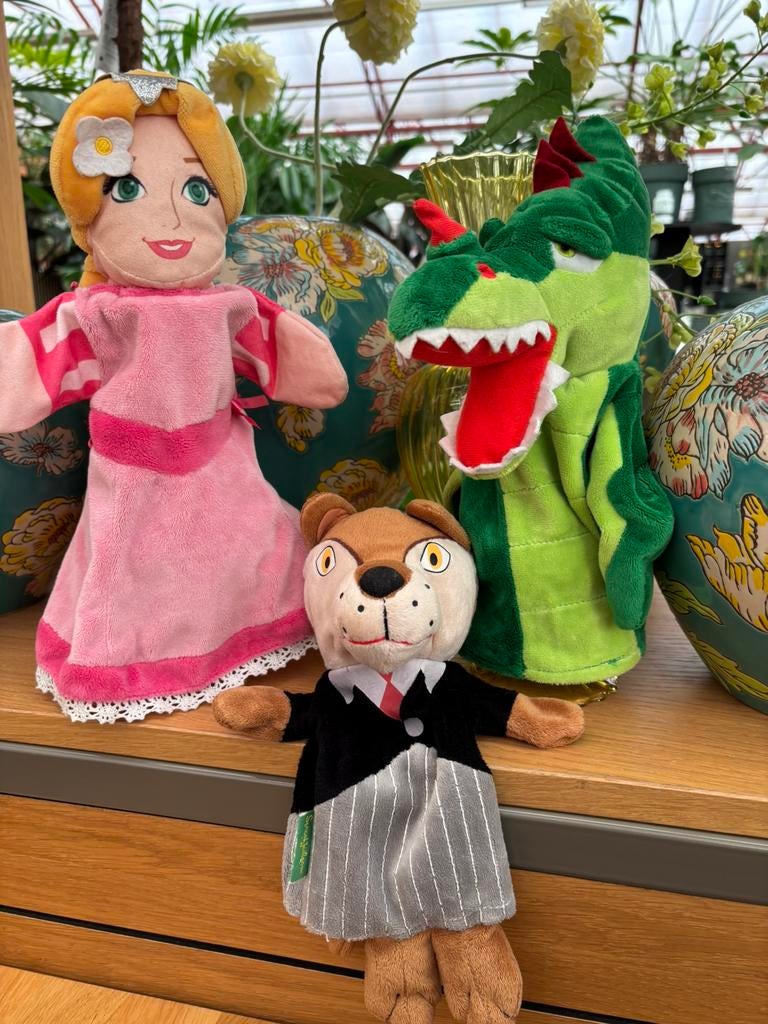 Efteling 3 handpoppen wolf , draak en assepoester, Verzenden