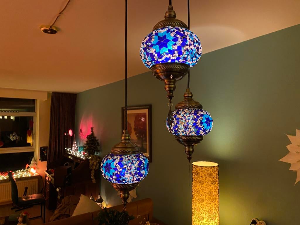 3 Oosterse mozaïek hanglampen met 3-lichts plafondkap, Ophalen of Verzenden, Zo goed als nieuw