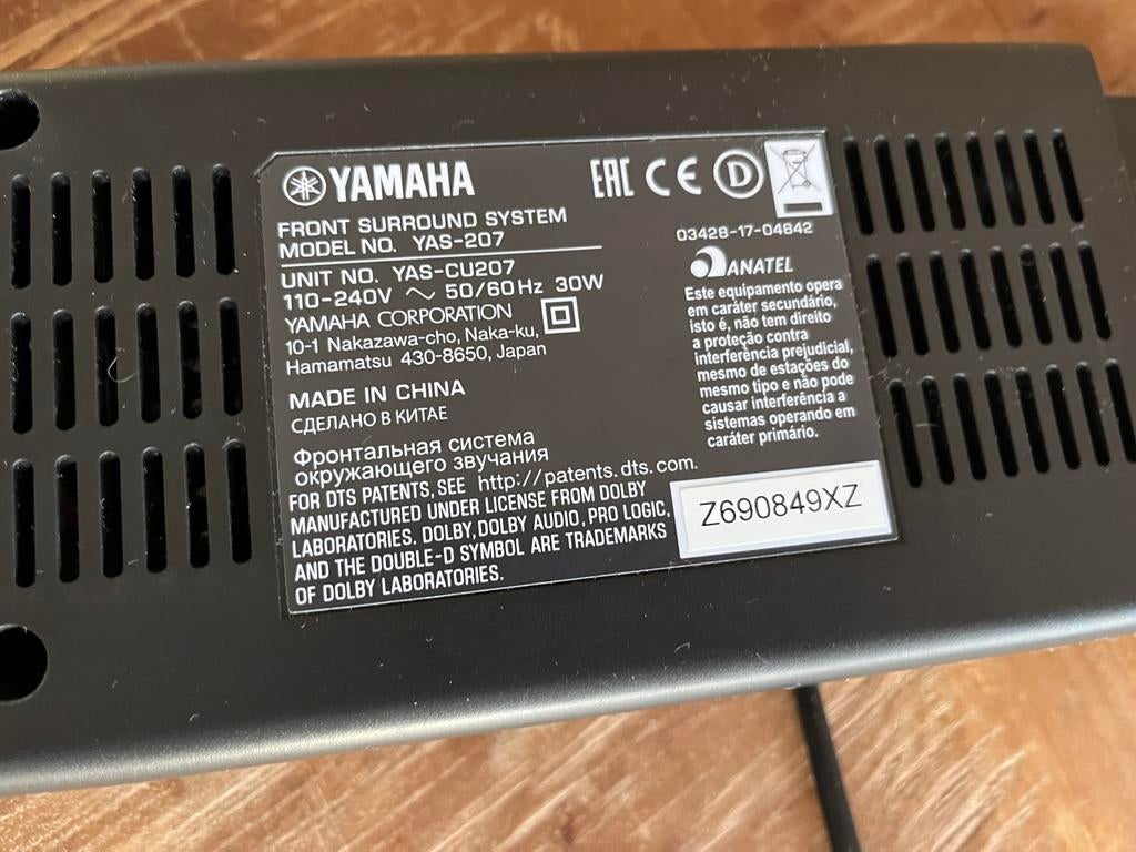Yamaha YAS-207 Soundbar met draadloze subwoofer, Ophalen, Bluetooth, Zo goed als nieuw