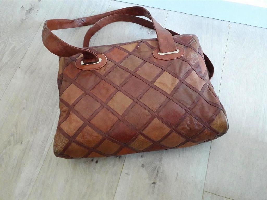 lederen dames tas, patchwork, middelgroot, Ophalen of Verzenden, Zo goed als nieuw, Bruin, Overige typen