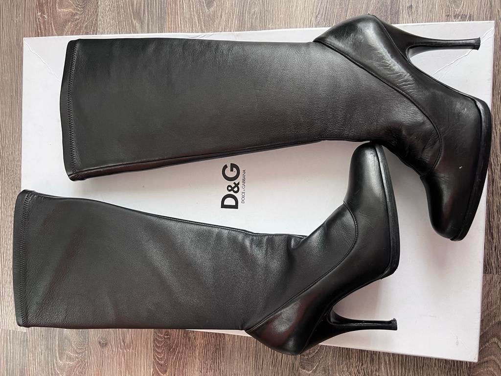 D&G Vintage Zwarte Leren Laarzen Maat 37 - Verzoold, Hoge laarzen, Zwart, Ophalen of Verzenden, Zo goed als nieuw