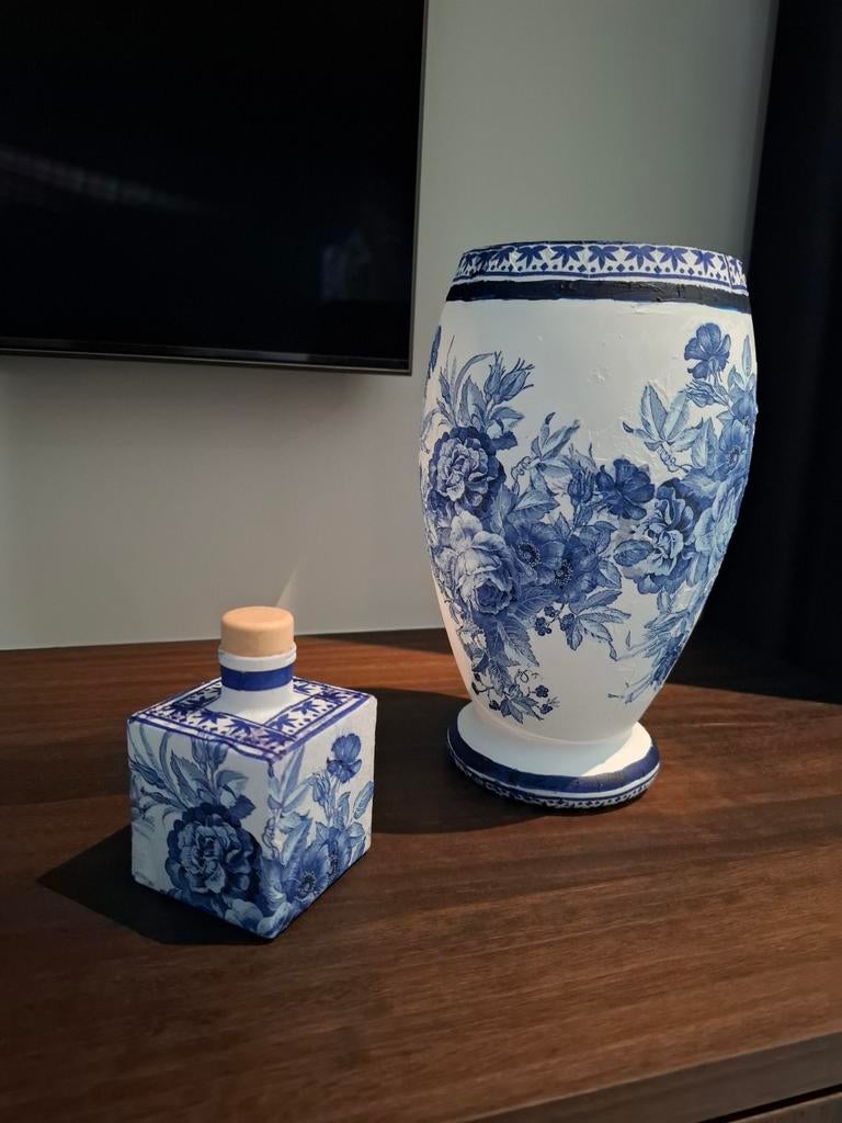 Unieke Decoupage Vaasjes Set - Delfts Blauw (20 & 7 cm), Ophalen of Verzenden, Blauw, Aardewerk of Porselein, Minder dan 50 cm