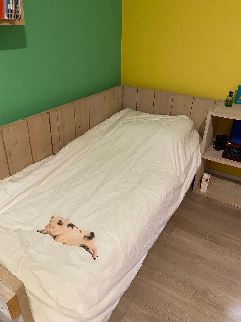 Bed van steigerhout met 2 kastjes, Huis en Inrichting, Slaapkamer | Bedden, Ophalen, Gebruikt, 90 cm, 200 cm