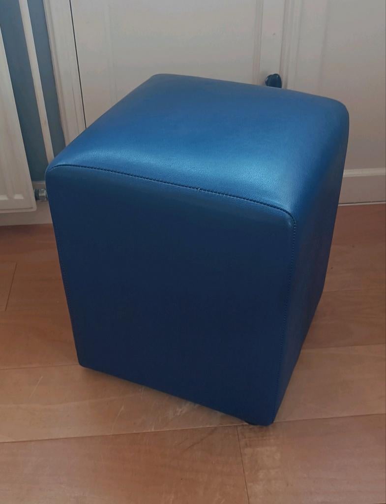 Vintage blauw lederen poef in goede staat, Ophalen, Minder dan 50 cm, Gebruikt, Vierkant