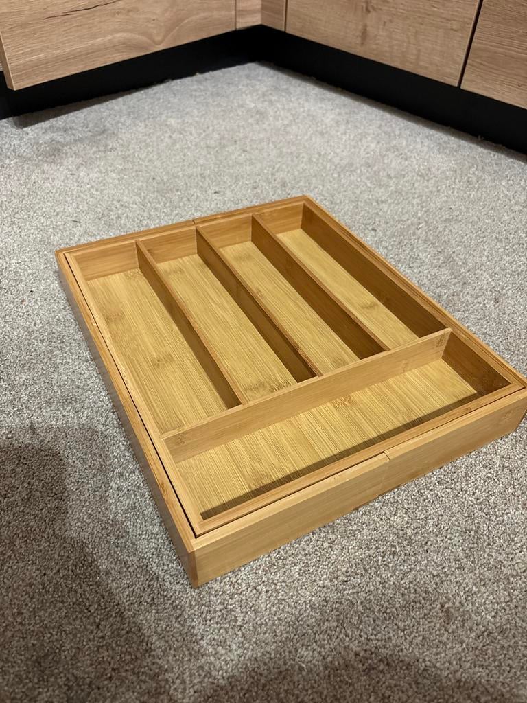 Uitschuifbare bestekbak, Ophalen, Zo goed als nieuw, Hout, Los bestek