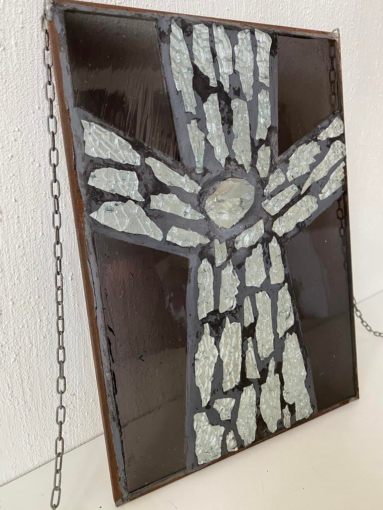 Brutalist glas in lood paneel met kristal, Gebruikt, Onbekend, Ophalen of Verzenden, Onbekend