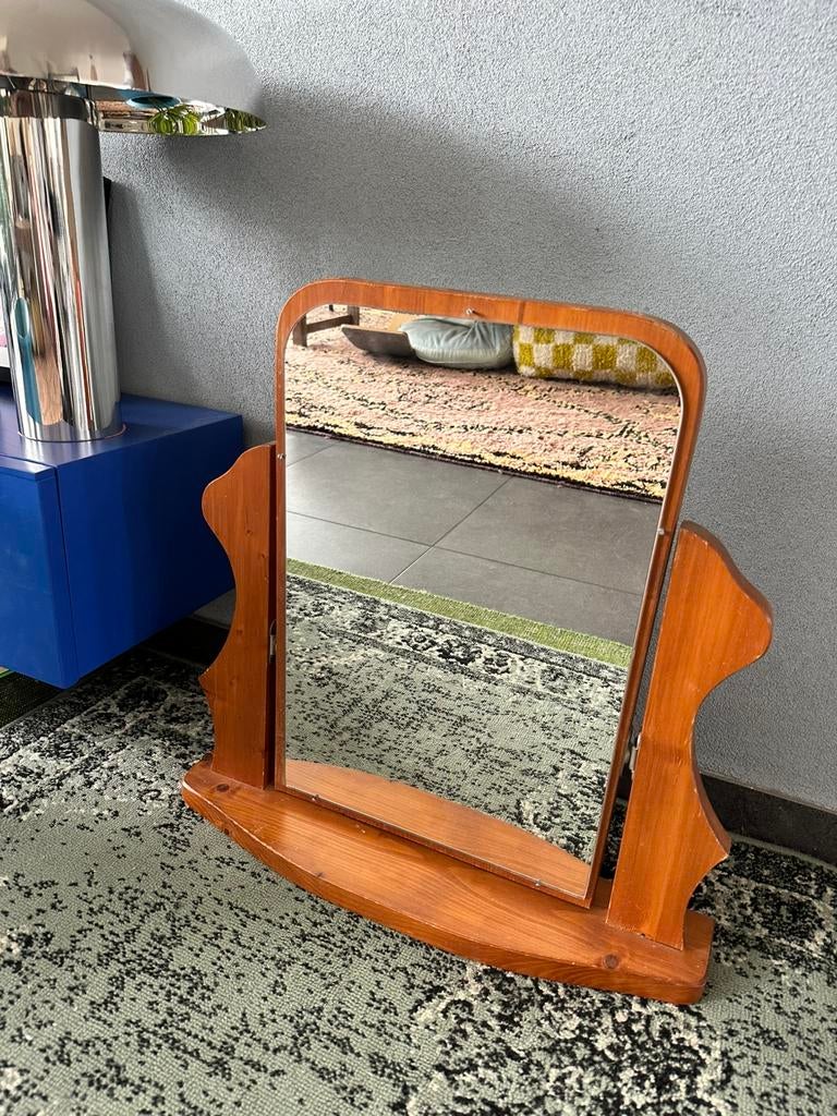 Vintage grenen jaren 70 make up spiegel, Antiek en Kunst, Ophalen of Verzenden, Rechthoekig, Minder dan 50 cm