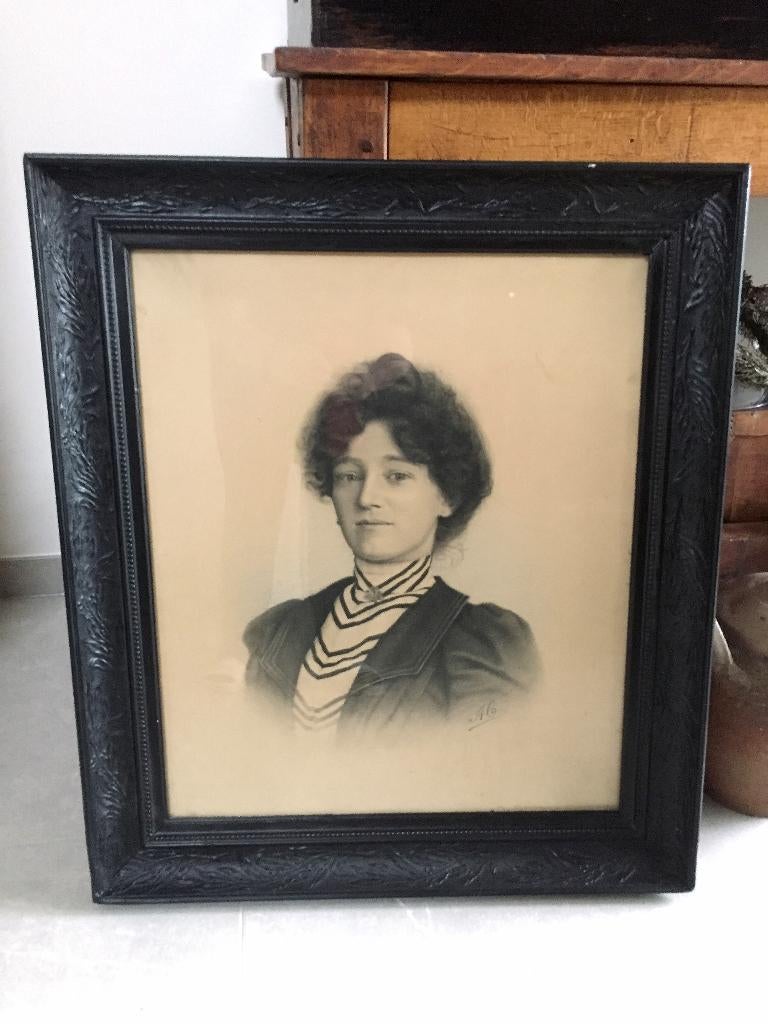 Antiek portret schilderij / tekening zwart pastel krijt, Ophalen of Verzenden