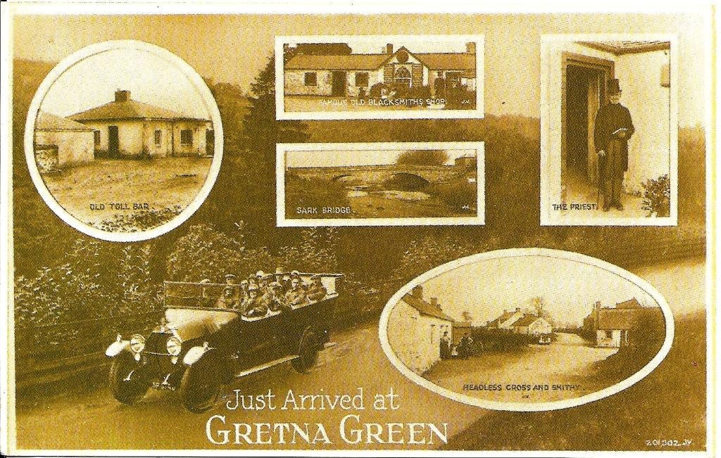 Ansichtkaart	Gretna Green (Schotland)	Just arrived 	6-luik, Verzenden, 1980 tot heden, Gelopen, Engeland