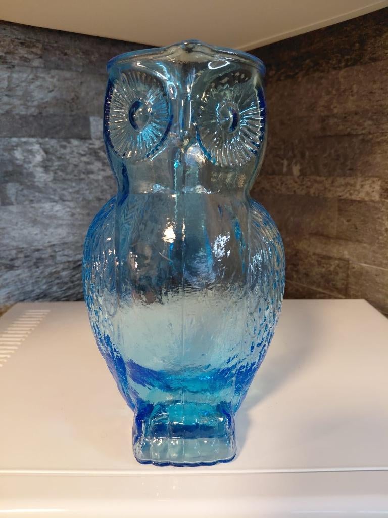 Vintage blauwe mid-century waterkan, karaf, pichet uil, Ophalen of Verzenden