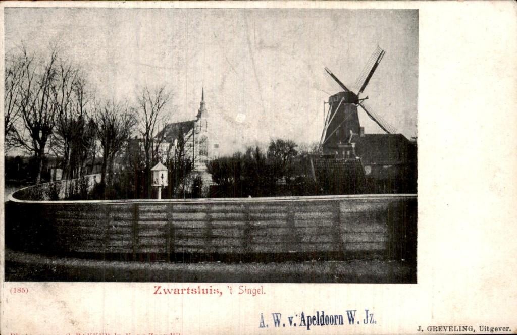Zwartsluis - Molen en kerk - t Singel, Ophalen of Verzenden, Voor 1920, Gelopen, Overijssel