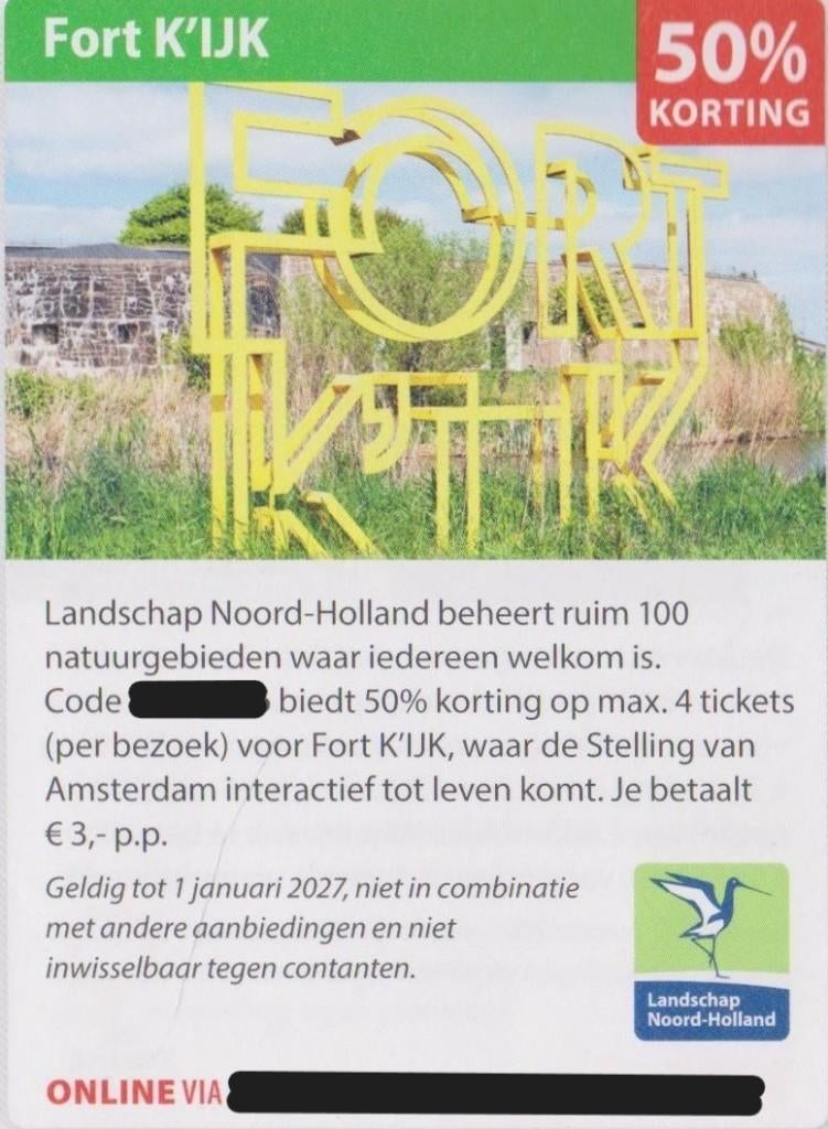 Fort K'IJK. Amsterdam. 50% korting. Postcodeloterij bon., Drie personen of meer, Kortingskaart