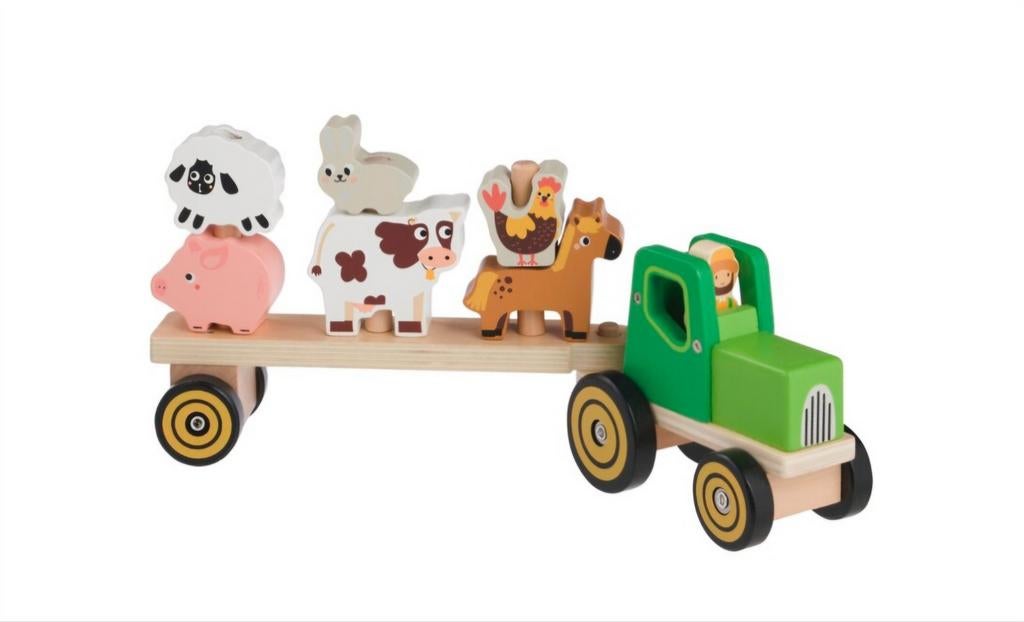 Playing Kids Houten Tractor met Boerderijdieren (9 delig), Ophalen of Verzenden, Zo goed als nieuw, Duw- of Trekspeelgoed