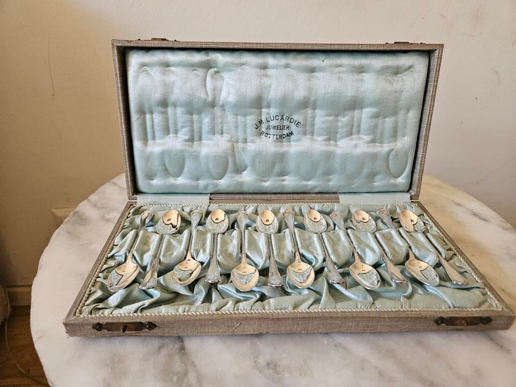 Antieke zilveren theelepelset in originele etui, Ophalen of Verzenden