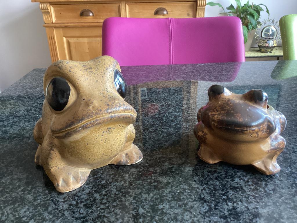 Plantpot, bloempot, kikker, keramiek, vintage, Tuin en Terras, Bloempotten, Ophalen, Gebruikt, Rond, Binnen