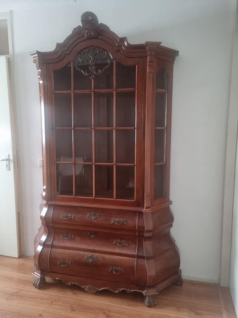 Antieke houten Kuifkast vitrinekast, Huis en Inrichting, Kasten | Vitrinekasten, Gebruikt, 200 cm of meer, 25 tot 50 cm, Ophalen