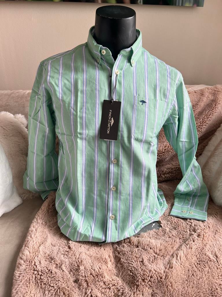 Fynch Hatton Overhemd XL - Groen met Wit/Blauw Streepdessin, Verzenden, Zo goed als nieuw, Groen, Halswijdte 43/44 (XL)