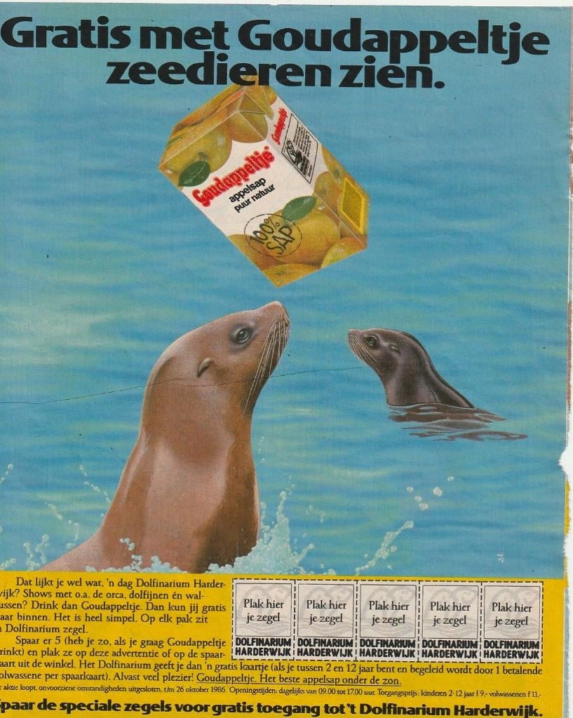 retro reclame 1986 Riedel Goudappeltje naar Dolfinarium, Verzamelen, Retro, Verzenden, Overige typen