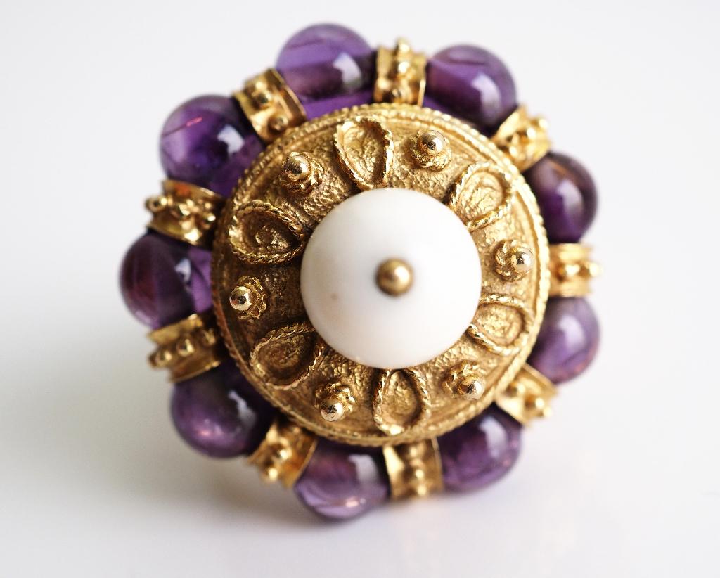 Antieke 18 krt gouden Spaanse ring met draaibare elementen, Ophalen of Verzenden, Goud, Ring, Met edelsteen