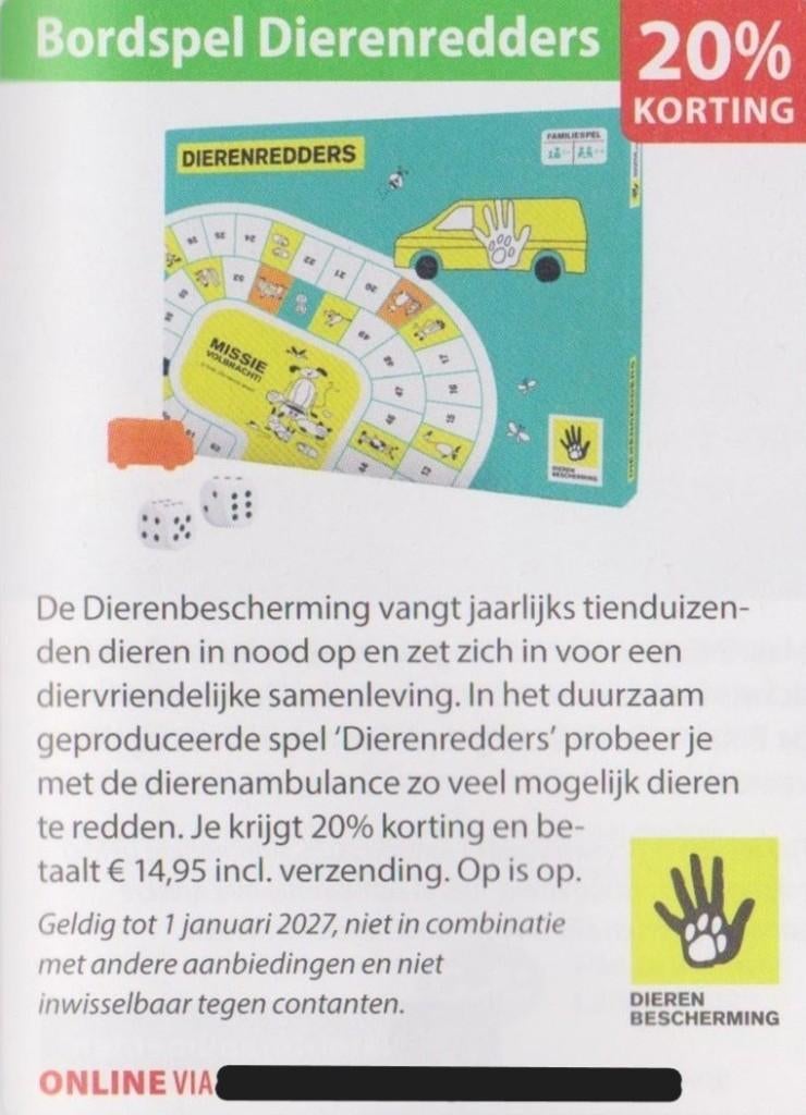 Bordspel Dierenredders. 20% korting. Postcodeloterij bon., Eén persoon, Kortingsbon, Warenhuis- of Winkelbon