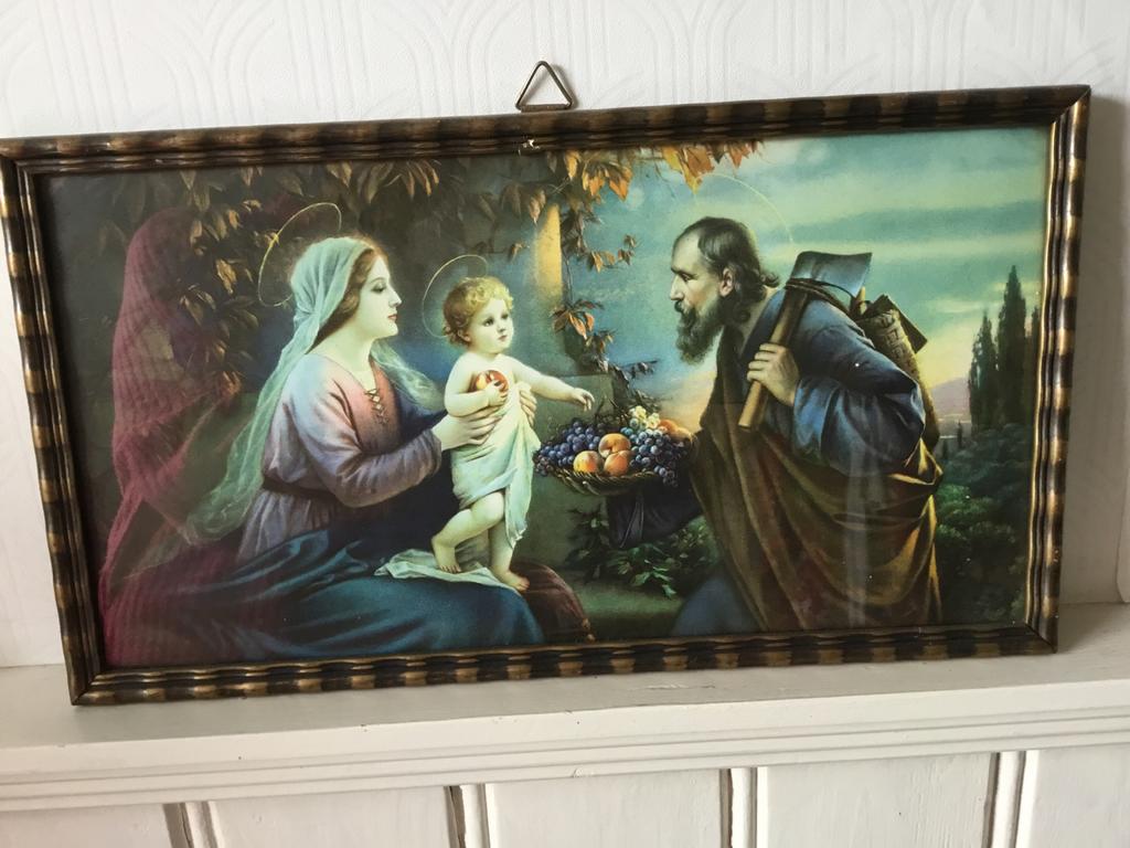 Antieke religieuze prent: Heilige Familie met Jozef, Antiek en Kunst, Antiek | Religie, Ophalen of Verzenden