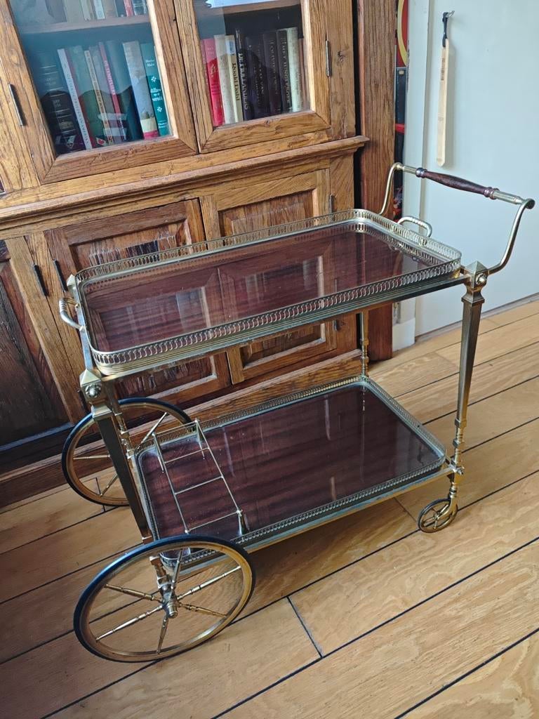 Klassieke Engelse bar cart trolley mahonie en messing, Huis en Inrichting, Tafels | Salontafels, Ophalen, Minder dan 50 cm, 50 tot 100 cm
