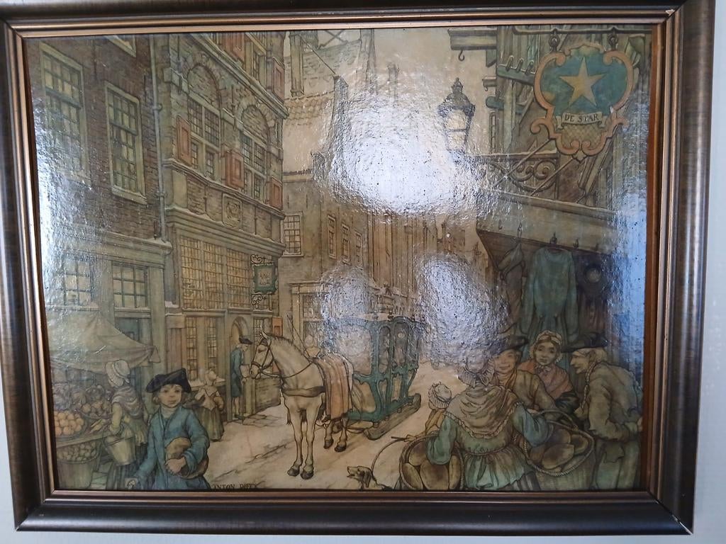 Schilderij met straatbeeld en mensen, Antiek en Kunst, Kunst | Schilderijen | Klassiek, Ophalen