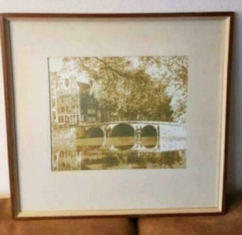 litho op linnen, Amsterdam Gracht gesigneerd Paul Rollman, Ophalen