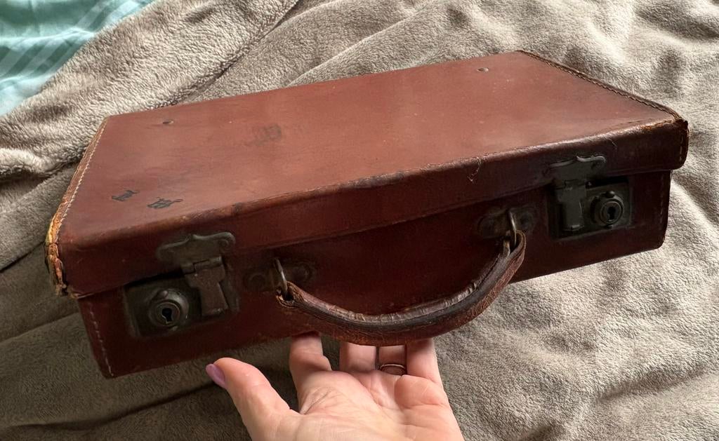 Antiek bruin leren engels koffertje 36x22x9cm, Ophalen of Verzenden