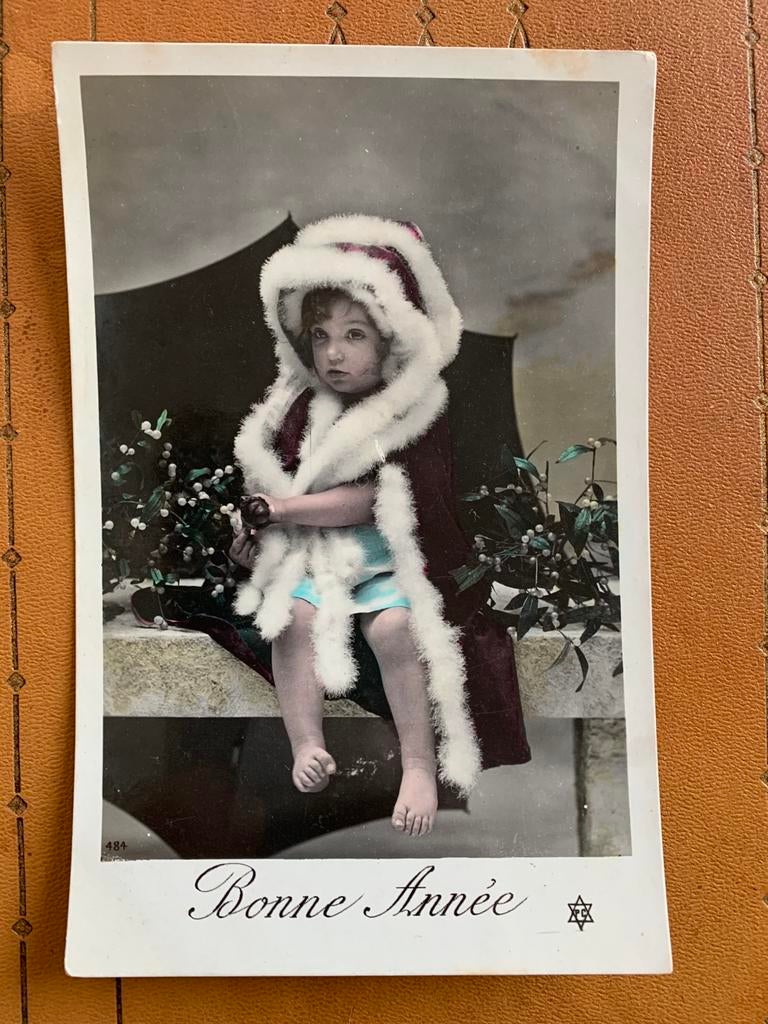 Bonne Année - meisje in rode cape, maretak, paraplu, Ophalen of Verzenden, Voor 1920, Gelopen, Feest(dag)