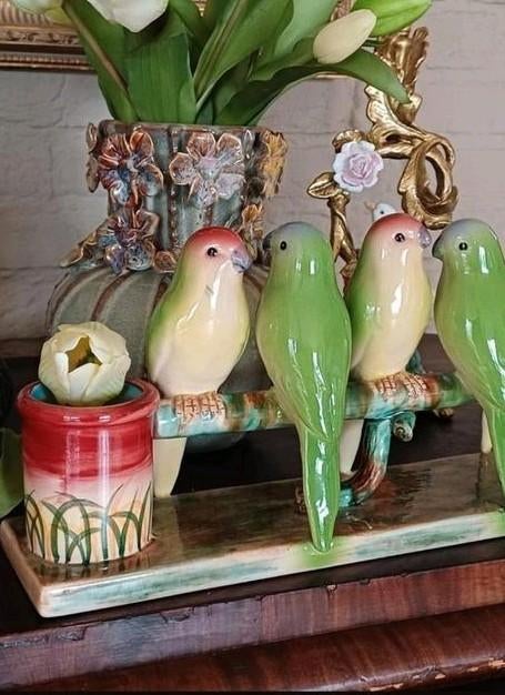 Joanne Reed's Barbotine Vogels Parkiet vaas kandelaar, Ophalen of Verzenden