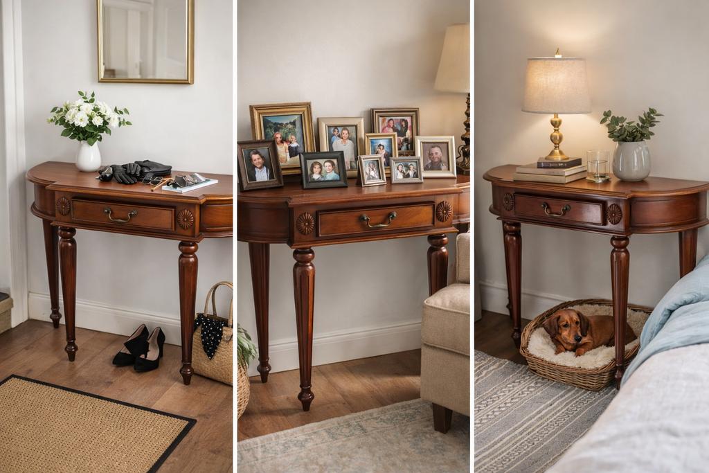 Vintage houten wandtafeltje / sidetable, Huis en Inrichting, Tafels | Sidetables, Gebruikt, 100 tot 150 cm, Ophalen of Verzenden