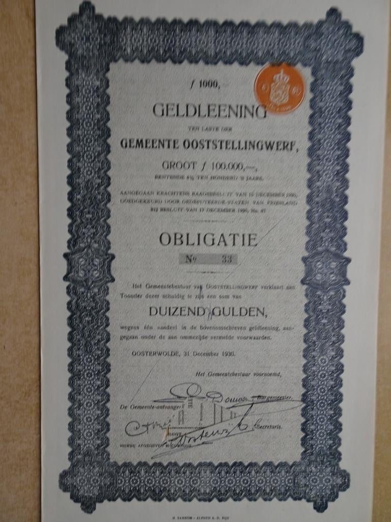 Obligatie Gemeente Ooststellingwerf.  Oosterwolde 1930, Ophalen of Verzenden, 1920 tot 1950, Aandeel