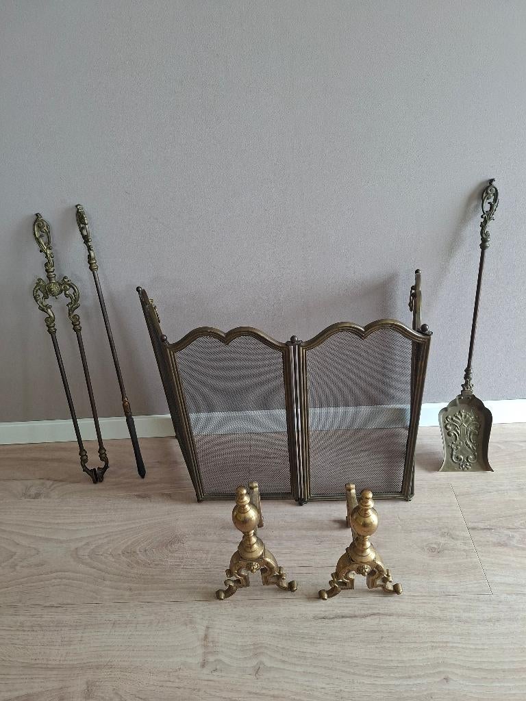 Antieke messing haardbokken en haardstel, Ophalen, Gebruikt, Inbouwhaard, Houthaard