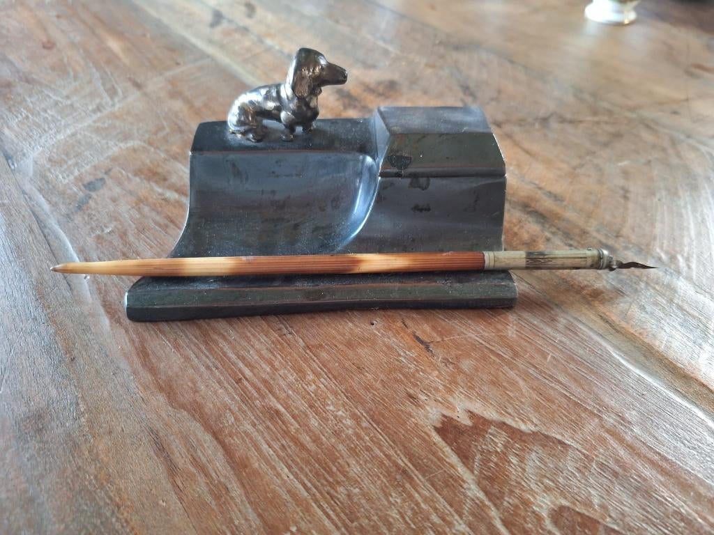 Antiek inktstel met teckel – bureauset met kroontjespen, Antiek en Kunst, Ophalen of Verzenden