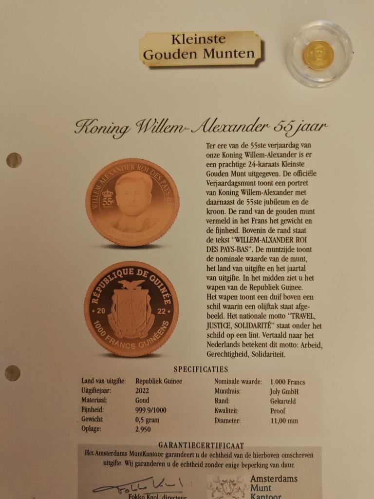 Kleinste gouden munten, koning Willem-Alexander 55 jaar, Ophalen, Koningin Beatrix, Overige waardes, Goud