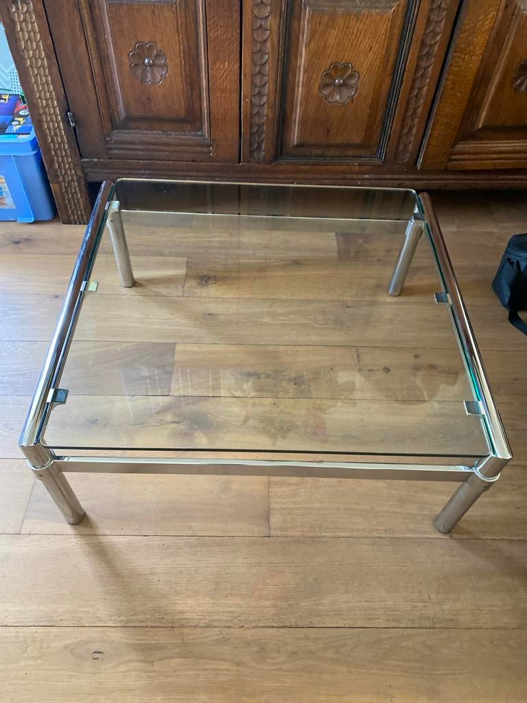 Glazen salontafel vintage met metalen gchrome frame, Huis en Inrichting, Tafels | Salontafels, Ophalen, Gebruikt, 100 tot 150 cm