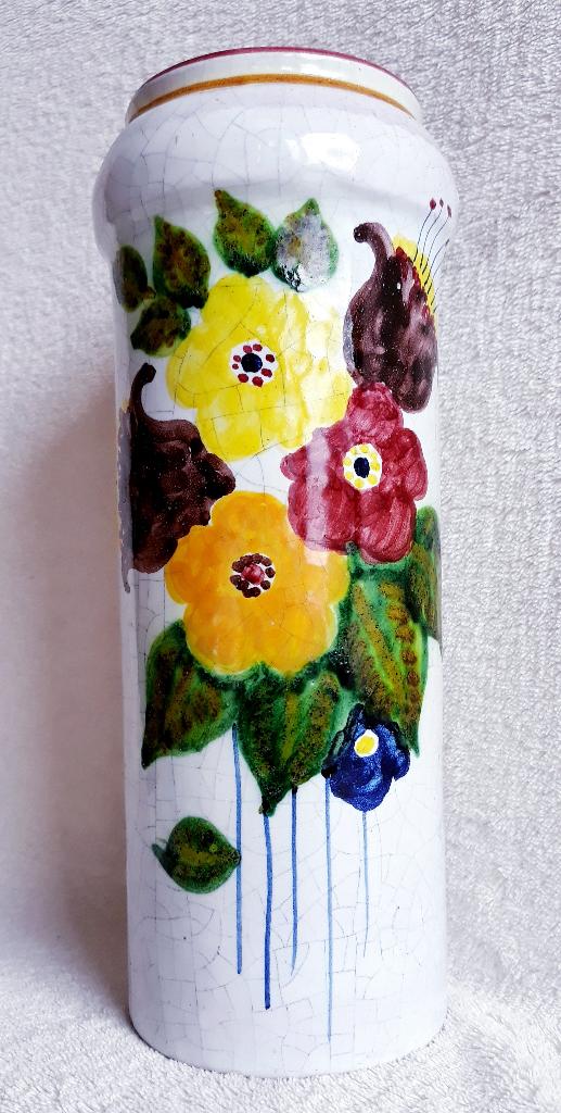 Smalle witte vaas met bloemmotief - 21 cm hoog -, Ophalen of Verzenden, Overige kleuren, Aardewerk of Porselein, Minder dan 50 cm