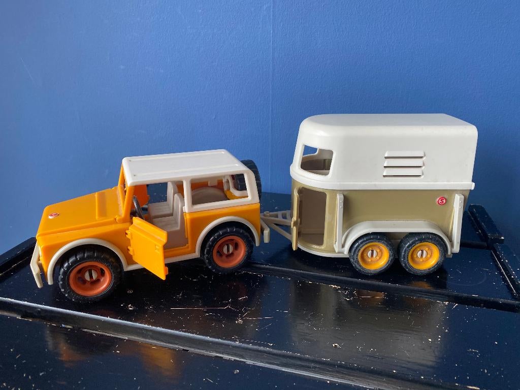 Speelgoed auto met paardentrailer – retro jeep + trailer set, Ophalen of Verzenden, Gebruikt