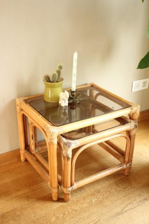 Vintage Rotan bijzettafeltjes, Minder dan 55 cm, Gebruikt, Rond, Hout