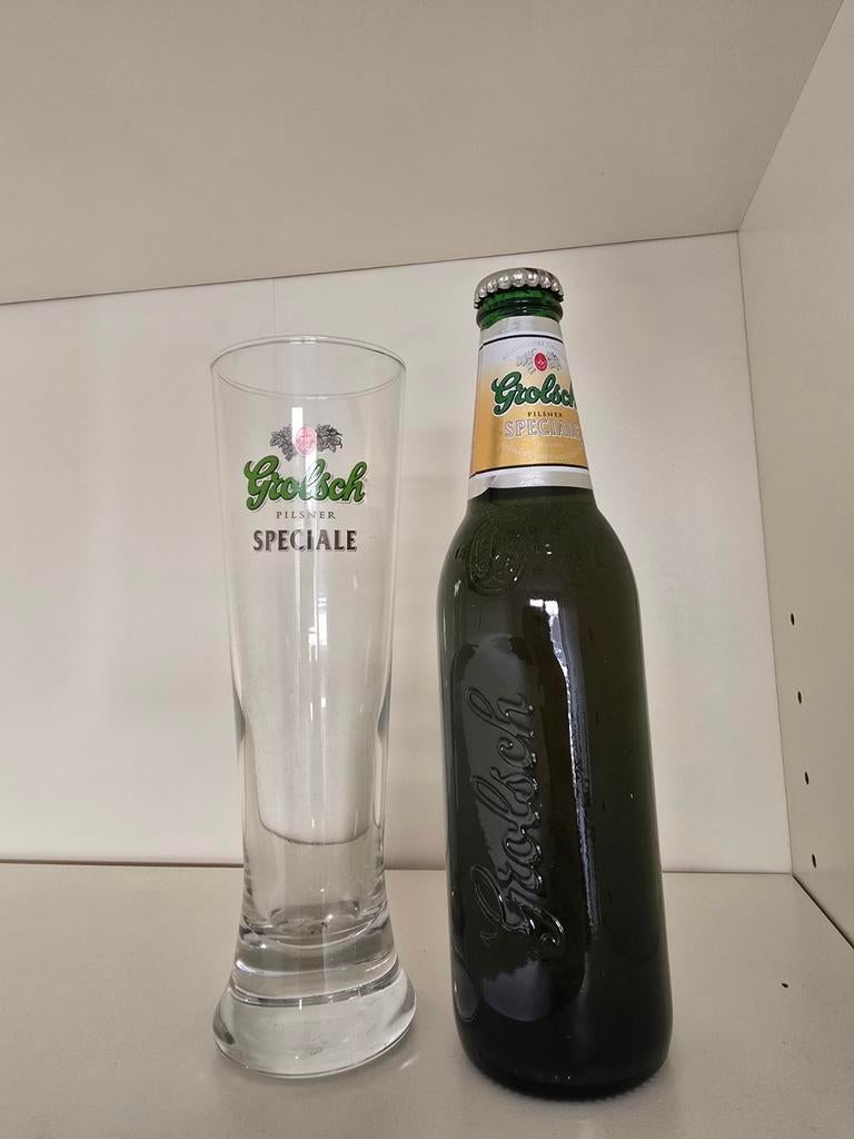 Vintage Grolsch Speciale Fles & Bierglas, Ophalen of Verzenden, Nieuw, Flesje(s), Grolsch