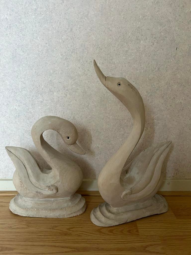 Handgemaakte Houten Zwanen Decoratie Set, Tuin en Terras, Tuinbeelden, Ophalen of Verzenden, Gebruikt, Hout, Dierenbeeld