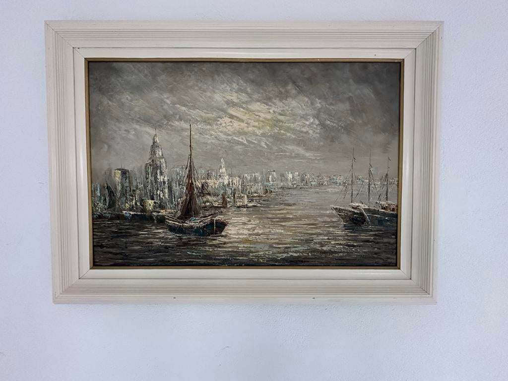 Havenzicht Schilderij afm 110/80, Antiek en Kunst, Ophalen of Verzenden